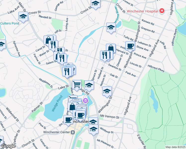 map of restaurants, bars, coffee shops, grocery stores, and more near 84 Oak Street in Winchester