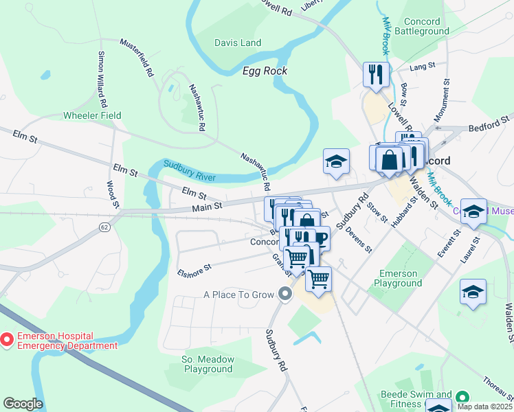 map of restaurants, bars, coffee shops, grocery stores, and more near 300 Massachusetts 62 in Concord