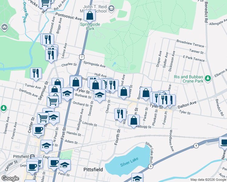 map of restaurants, bars, coffee shops, grocery stores, and more near 125 Stoddard Avenue in Pittsfield