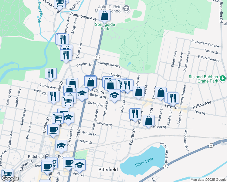 map of restaurants, bars, coffee shops, grocery stores, and more near 26 Pleasure Avenue in Pittsfield
