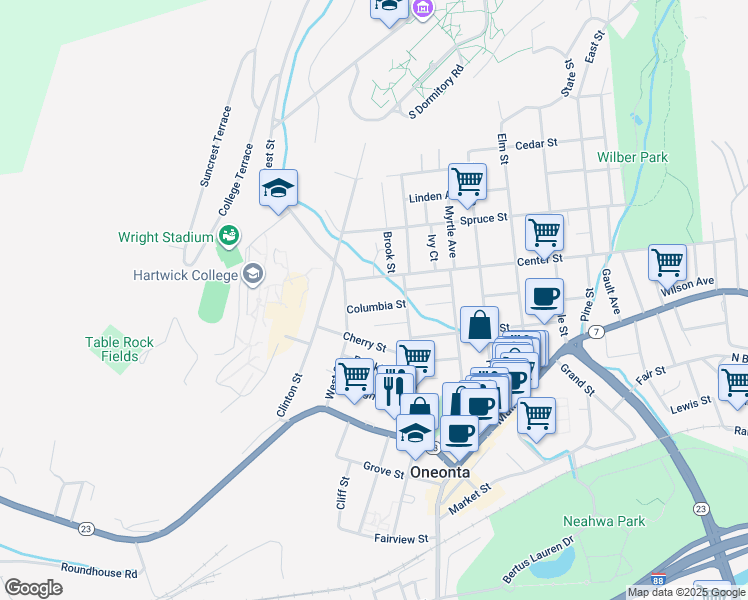 map of restaurants, bars, coffee shops, grocery stores, and more near 22 Center Street in Oneonta