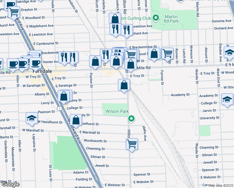 map of restaurants, bars, coffee shops, grocery stores, and more near 609 Ardmore Drive in Ferndale
