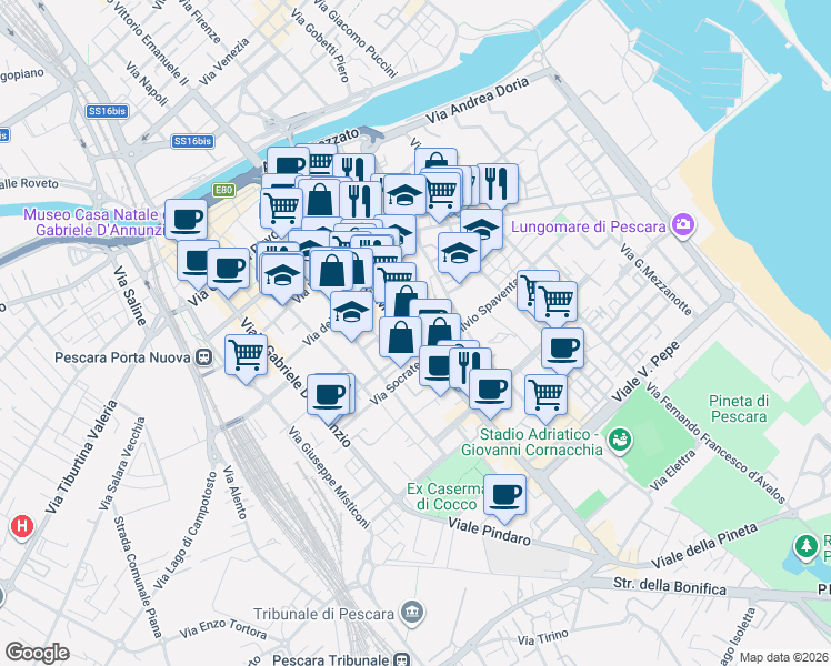 map of restaurants, bars, coffee shops, grocery stores, and more near 173 Viale G. Marconi in Pescara