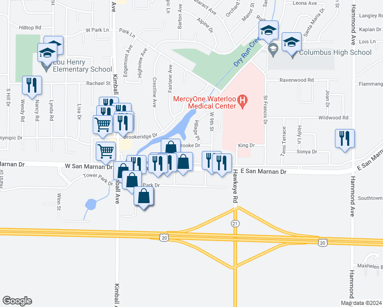 map of restaurants, bars, coffee shops, grocery stores, and more near 312 Southbrooke Drive in Waterloo