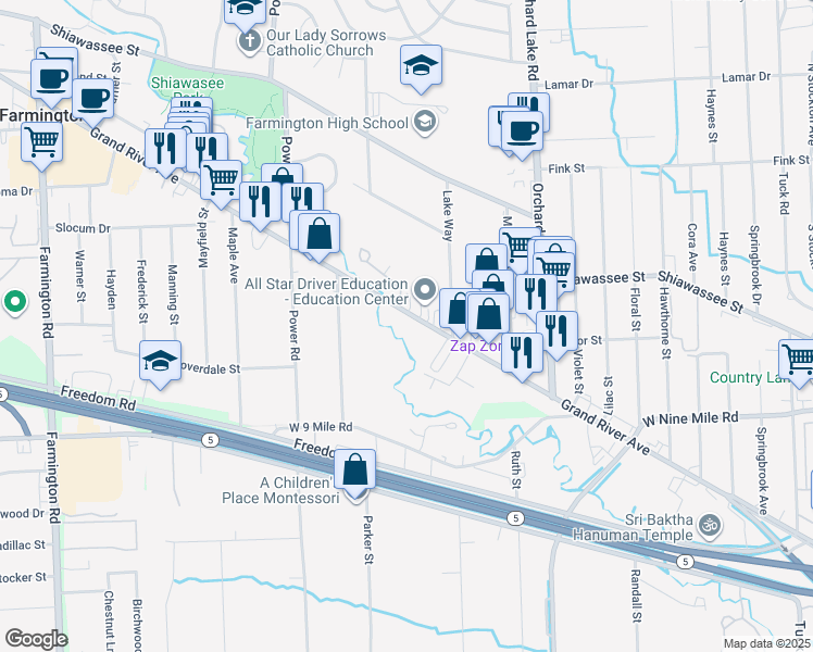 map of restaurants, bars, coffee shops, grocery stores, and more near 31831 Grand River Avenue in Farmington