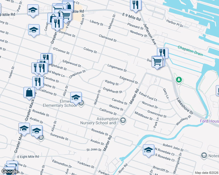 map of restaurants, bars, coffee shops, grocery stores, and more near 22587 Kipling Street in St. Clair Shores