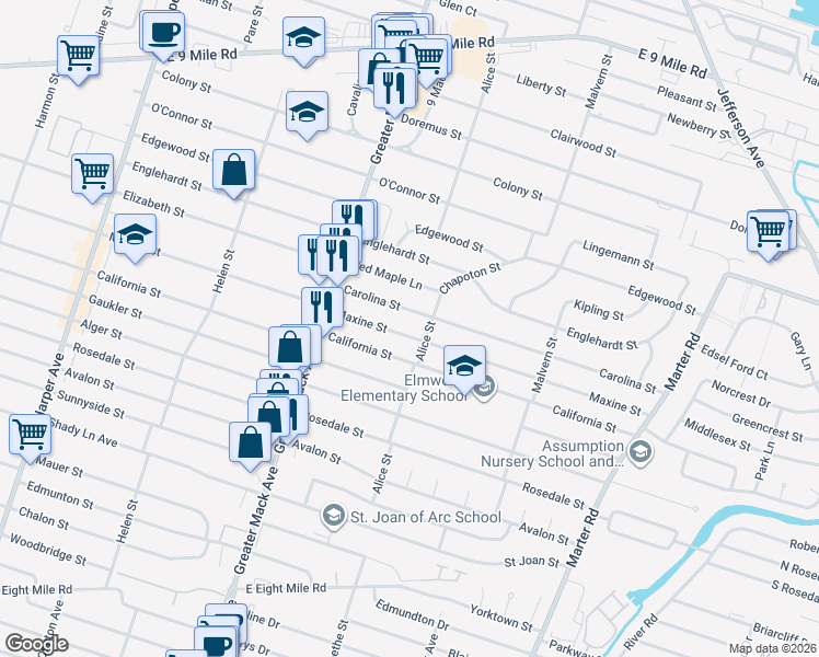 map of restaurants, bars, coffee shops, grocery stores, and more near 22501 Carolina Street in St. Clair Shores