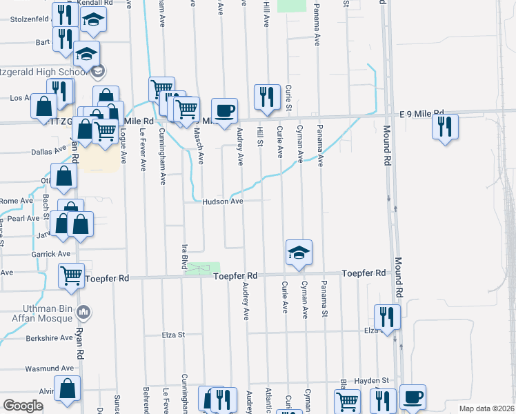 map of restaurants, bars, coffee shops, grocery stores, and more near 22324 Audrey Avenue in Warren