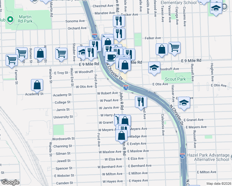 map of restaurants, bars, coffee shops, grocery stores, and more near 22643 South Chrysler Drive in Hazel Park