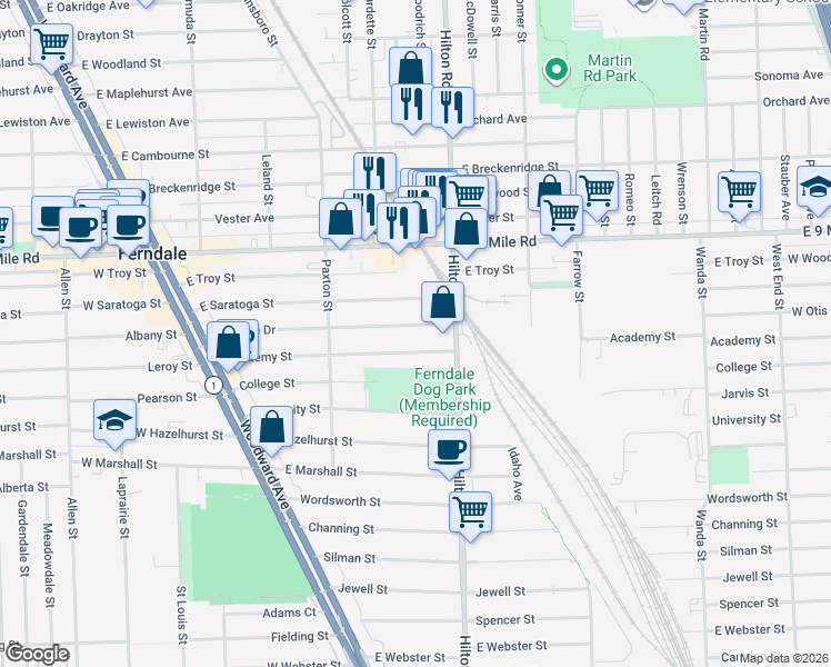 map of restaurants, bars, coffee shops, grocery stores, and more near 609 Ardmore Drive in Ferndale