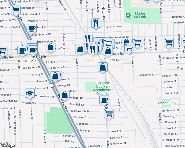 map of restaurants, bars, coffee shops, grocery stores, and more near 624 East Saratoga Street in Ferndale