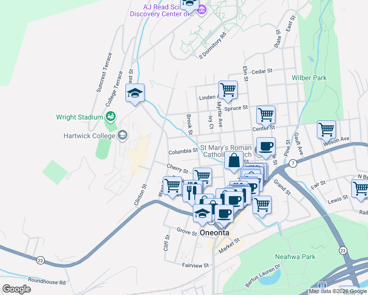 map of restaurants, bars, coffee shops, grocery stores, and more near 22 Center Street in Oneonta