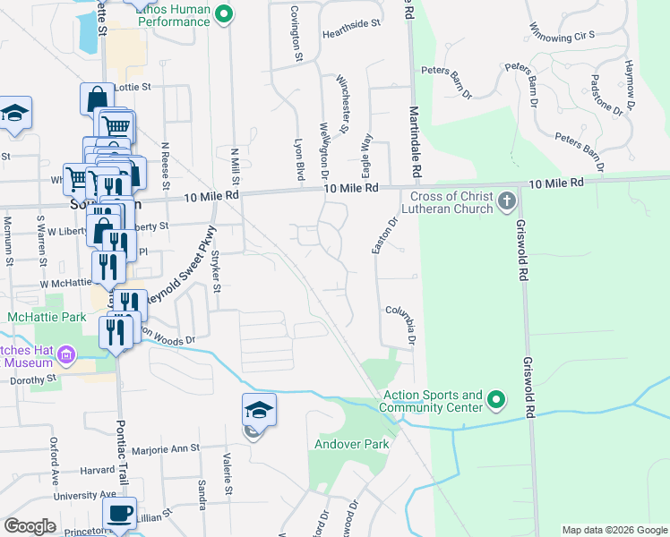 map of restaurants, bars, coffee shops, grocery stores, and more near 221 Oakbrooke Drive in South Lyon