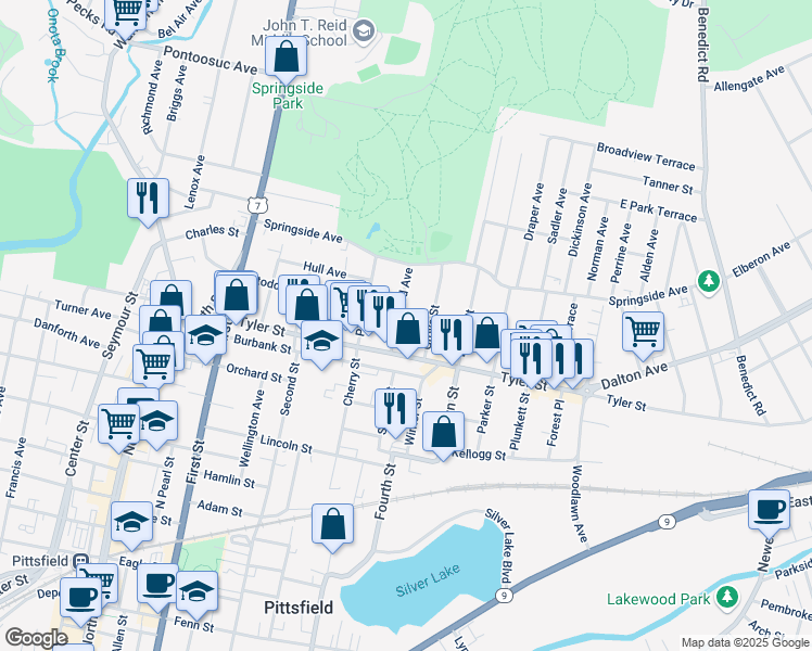 map of restaurants, bars, coffee shops, grocery stores, and more near 43 Grove Street in Pittsfield