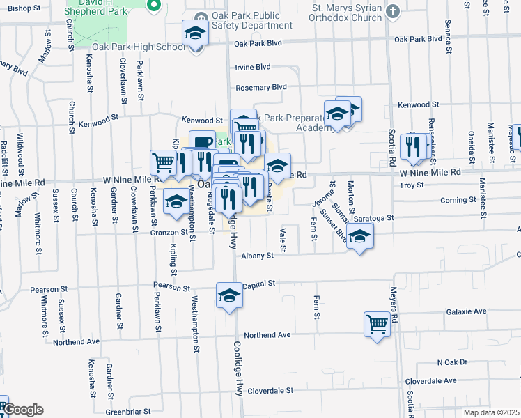 map of restaurants, bars, coffee shops, grocery stores, and more near 13401 West Nine Mile Road in Oak Park