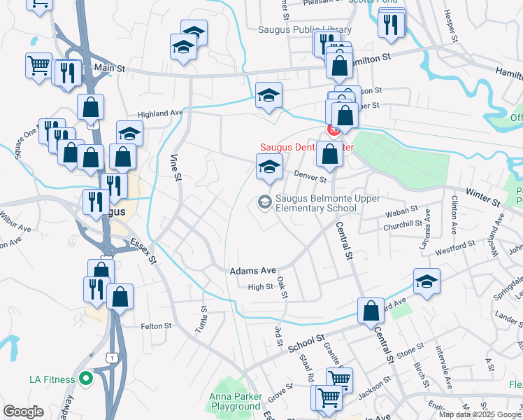 map of restaurants, bars, coffee shops, grocery stores, and more near 25 Dow Street in Saugus