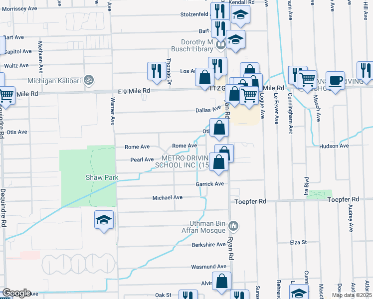 map of restaurants, bars, coffee shops, grocery stores, and more near 3647 Rome Avenue in Warren