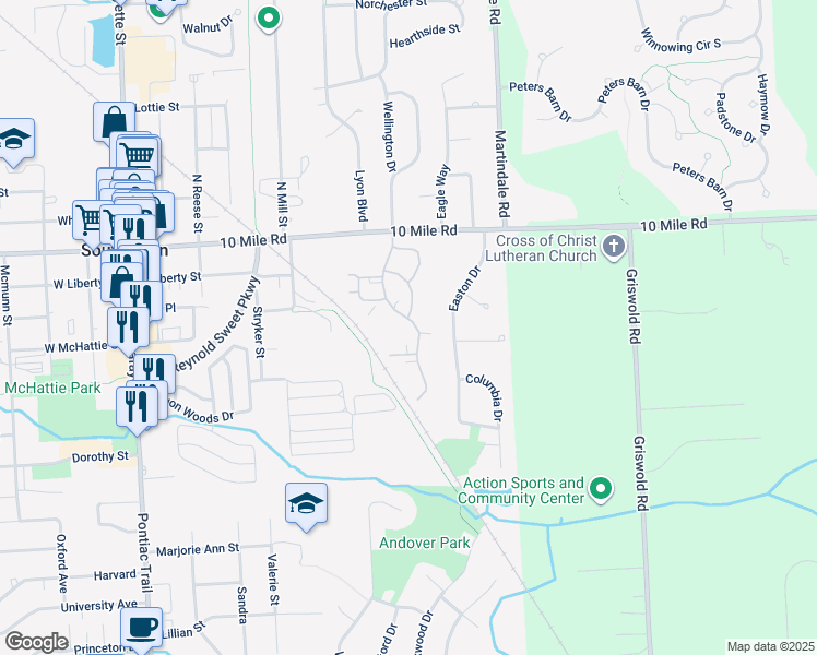 map of restaurants, bars, coffee shops, grocery stores, and more near 249 Brookwood Drive in South Lyon
