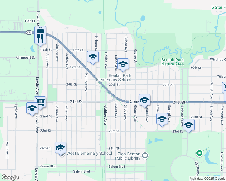 map of restaurants, bars, coffee shops, grocery stores, and more near 2016 Gilead Avenue in Zion