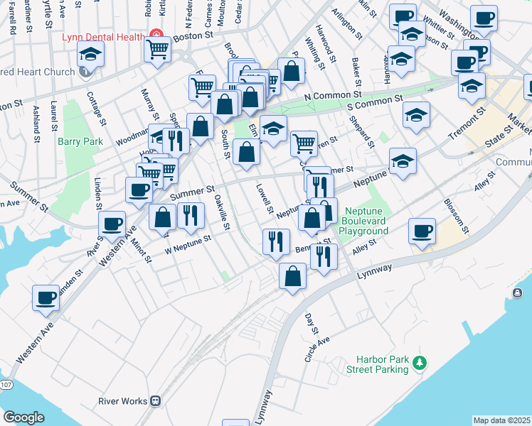 map of restaurants, bars, coffee shops, grocery stores, and more near 23 Lowell Street in Lynn