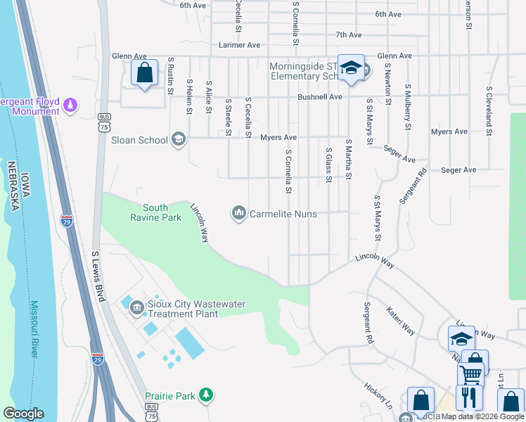 map of restaurants, bars, coffee shops, grocery stores, and more near 2929 S Paxton St in Sioux City