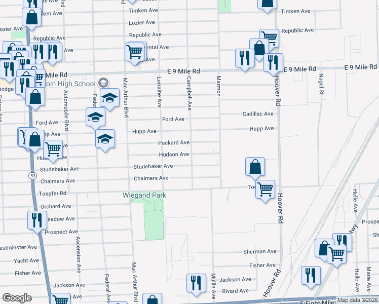 map of restaurants, bars, coffee shops, grocery stores, and more near 11123 Packard Avenue in Warren