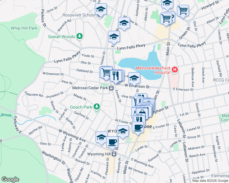 map of restaurants, bars, coffee shops, grocery stores, and more near 223 Essex Street in Melrose