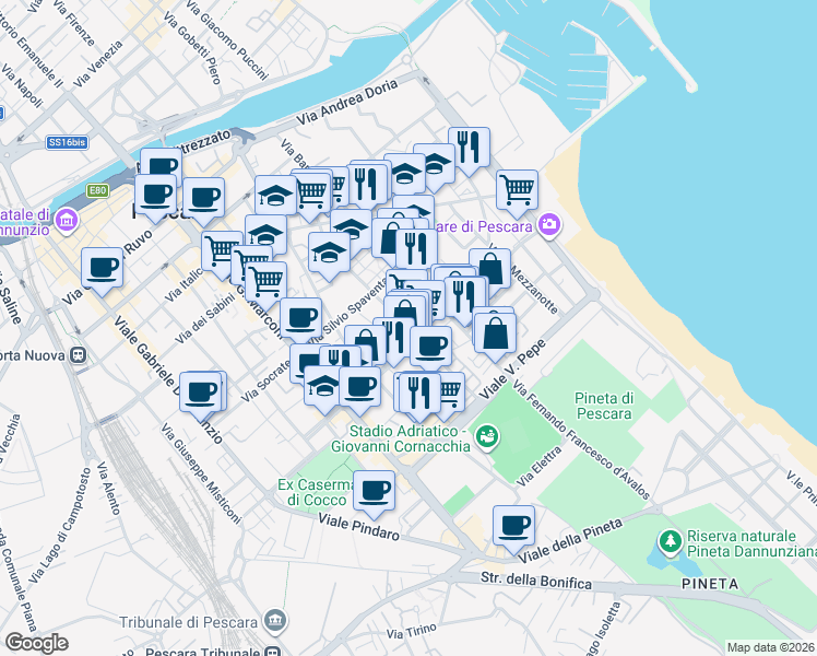 map of restaurants, bars, coffee shops, grocery stores, and more near 6/3 Via Ramiro Ortiz in Pescara