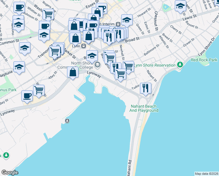 map of restaurants, bars, coffee shops, grocery stores, and more near 892 Washington Street in Lynn