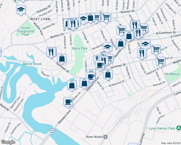 map of restaurants, bars, coffee shops, grocery stores, and more near 34 Court Street in Lynn