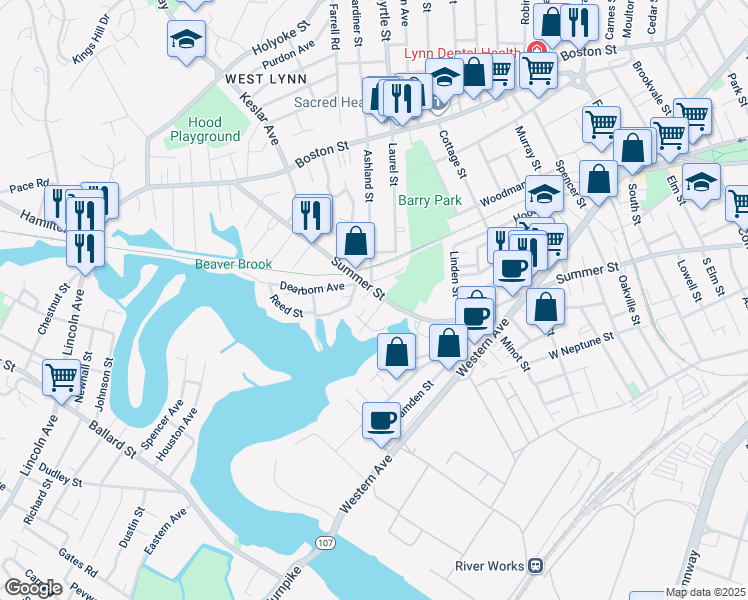 map of restaurants, bars, coffee shops, grocery stores, and more near 1 Border Street in Lynn