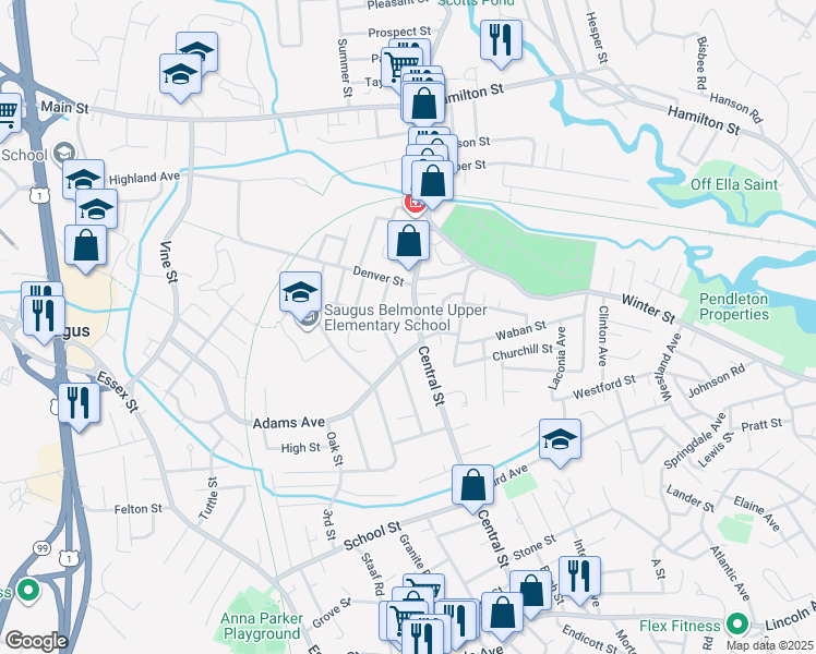 map of restaurants, bars, coffee shops, grocery stores, and more near 381 Central Street in Saugus