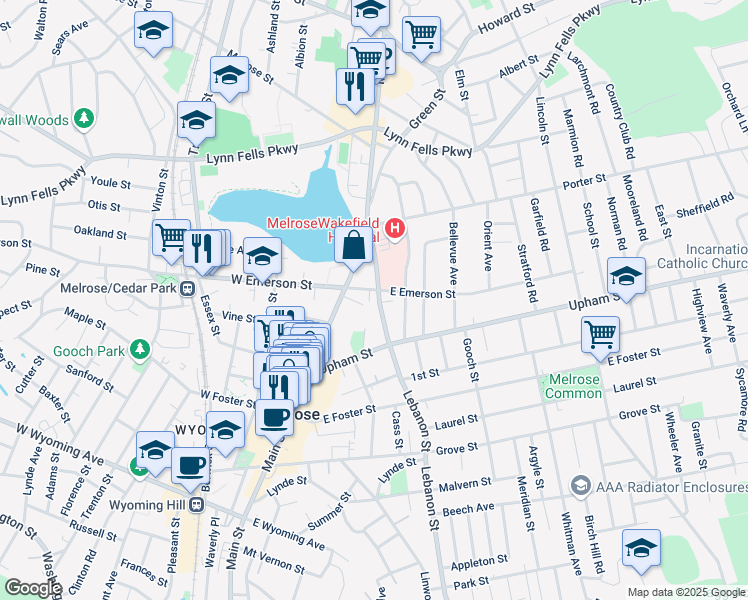 map of restaurants, bars, coffee shops, grocery stores, and more near 10 East Emerson Street in Melrose