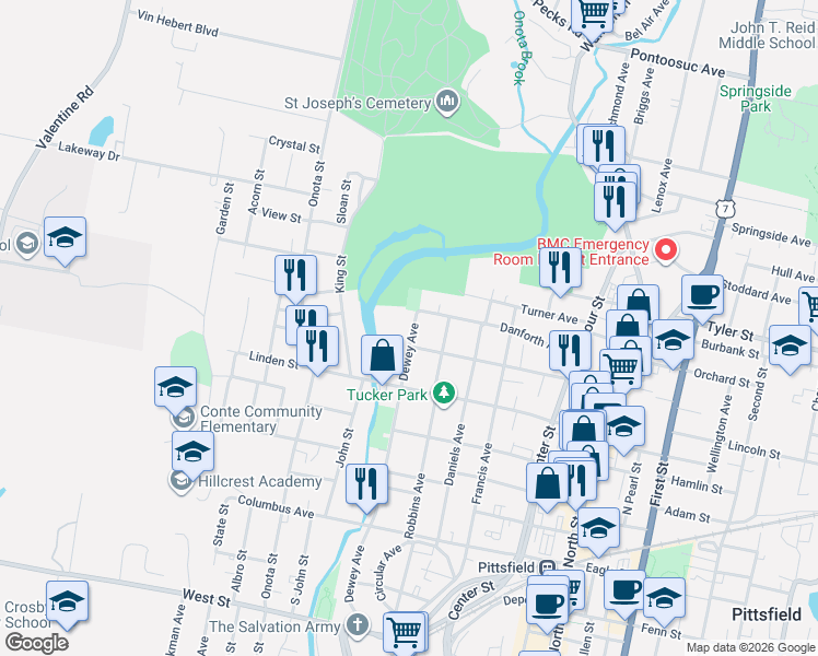 map of restaurants, bars, coffee shops, grocery stores, and more near 291 Dewey Avenue in Pittsfield