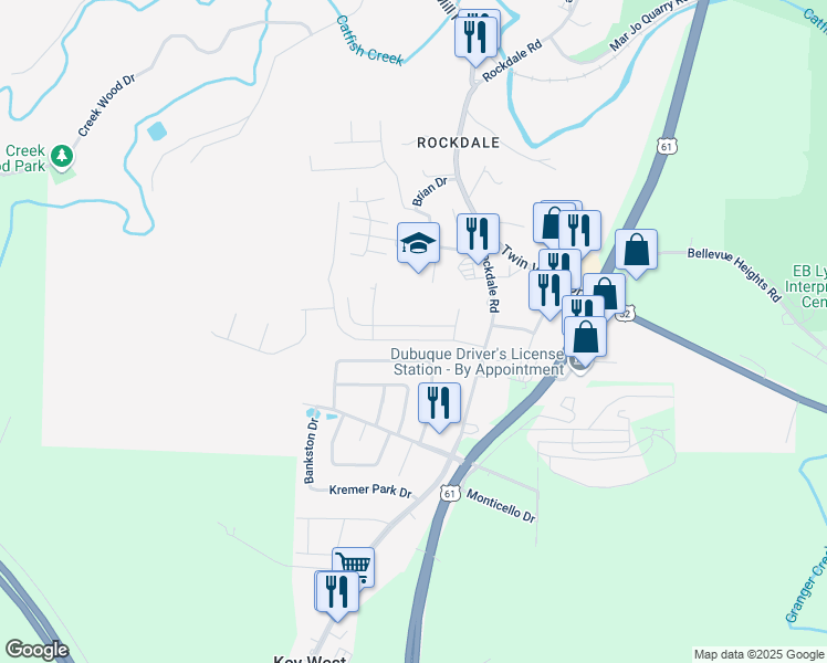 map of restaurants, bars, coffee shops, grocery stores, and more near 100 Tower Drive in Dubuque