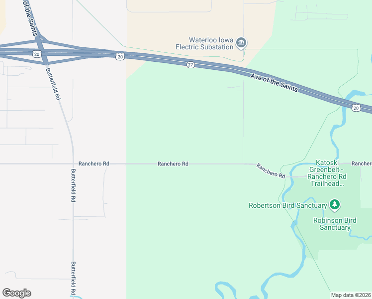 map of restaurants, bars, coffee shops, grocery stores, and more near 3650 Ranchero Road in Cedar Falls