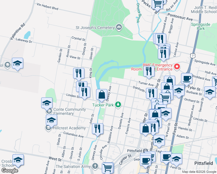 map of restaurants, bars, coffee shops, grocery stores, and more near 291 Dewey Avenue in Pittsfield