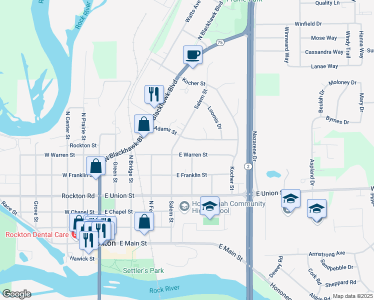 map of restaurants, bars, coffee shops, grocery stores, and more near 625 Salem Street in Rockton
