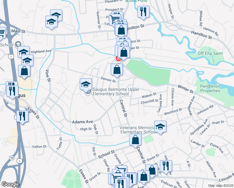 map of restaurants, bars, coffee shops, grocery stores, and more near 381 Central Street in Saugus