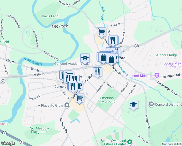 map of restaurants, bars, coffee shops, grocery stores, and more near 46 Sudbury Road in Concord