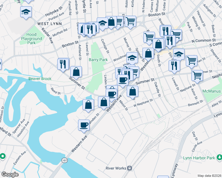 map of restaurants, bars, coffee shops, grocery stores, and more near 34 Court Street in Lynn