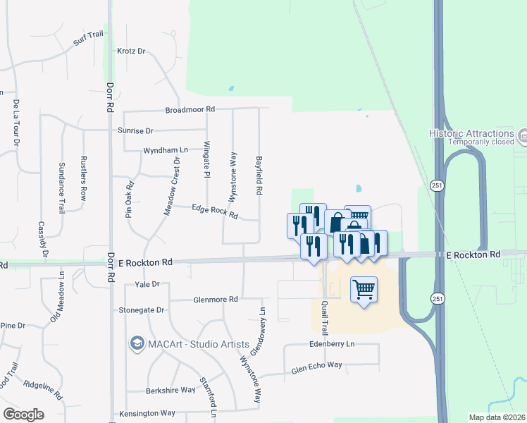 map of restaurants, bars, coffee shops, grocery stores, and more near 607 Bayfield Road in Roscoe