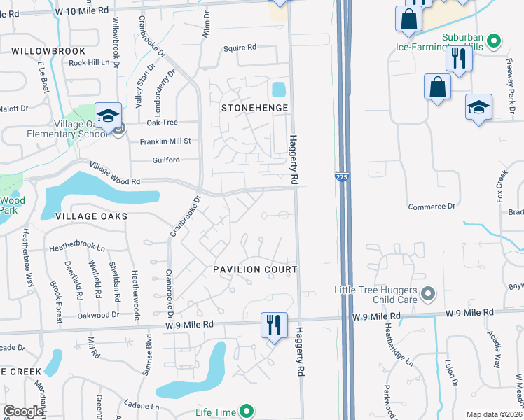 map of restaurants, bars, coffee shops, grocery stores, and more near 39508 Country Lane in Novi