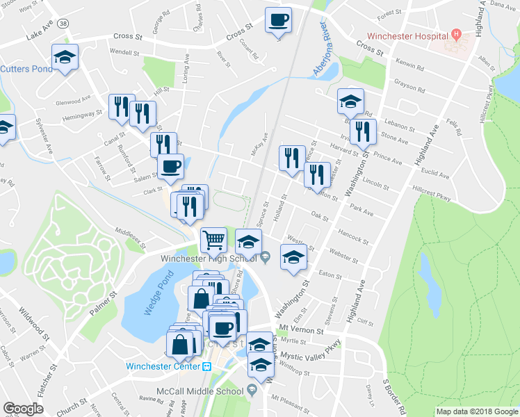 map of restaurants, bars, coffee shops, grocery stores, and more near 37 Spruce Street in Winchester