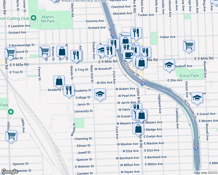 map of restaurants, bars, coffee shops, grocery stores, and more near 307 West Otis Avenue in Hazel Park