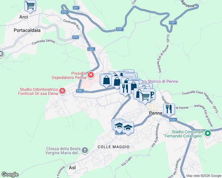 map of restaurants, bars, coffee shops, grocery stores, and more near Via F. Brindisi in Penne