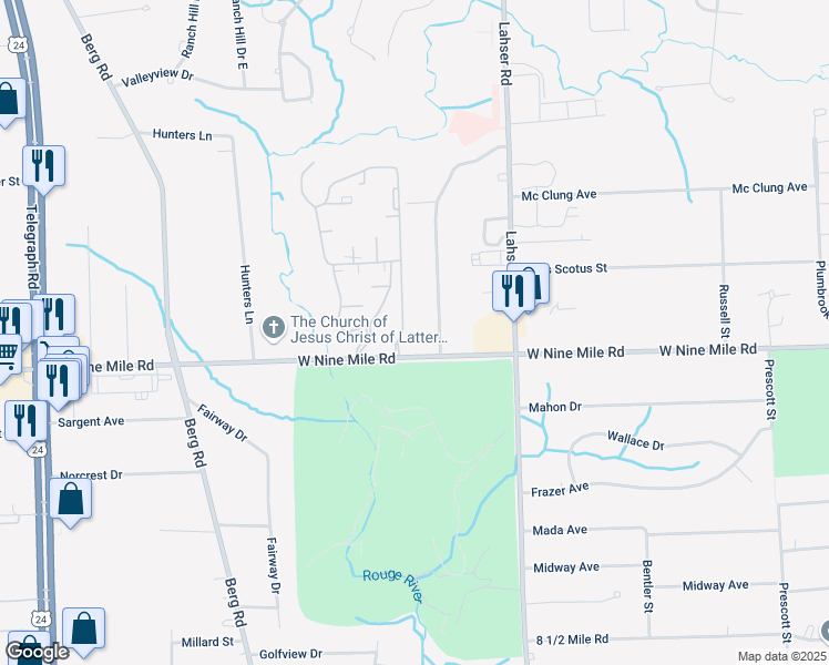 map of restaurants, bars, coffee shops, grocery stores, and more near 23175 Plum Hollow Street in Southfield