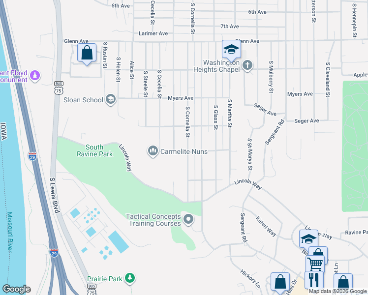 map of restaurants, bars, coffee shops, grocery stores, and more near 2800-2824 South Cornelia Street in Sioux City