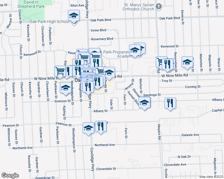 map of restaurants, bars, coffee shops, grocery stores, and more near 13235 Troy Street in Oak Park