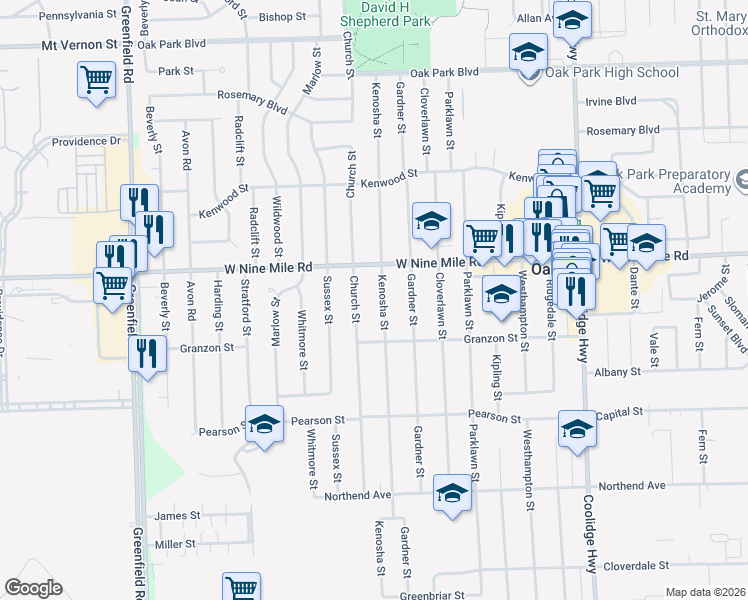 map of restaurants, bars, coffee shops, grocery stores, and more near 22190 Church Street in Oak Park